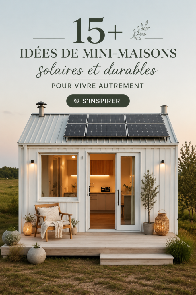 Une charmante maison minuscule en bois avec des panneaux solaires sur le toit, située dans un cadre naturel verdoyant.