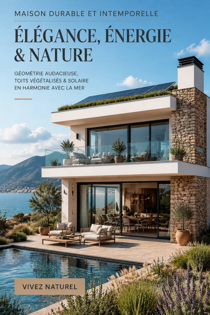 Maison passive au design audacieux avec toit vert, illuminée par le soleil.