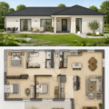 Plan d'un bungalow moderne en L avec 3 chambres, illustrant l'espace et la praticité.