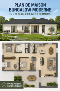 Plan d'un bungalow moderne en L avec 3 chambres, illustrant l'espace et la praticité.