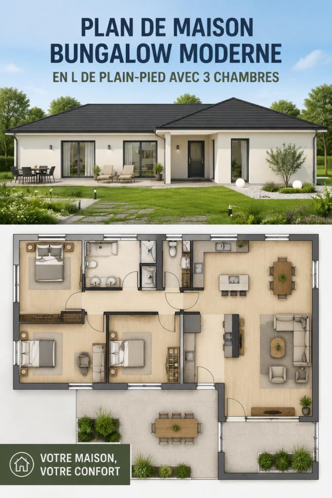 Plan d'un bungalow moderne en L avec 3 chambres, illustrant l'espace et la praticité.