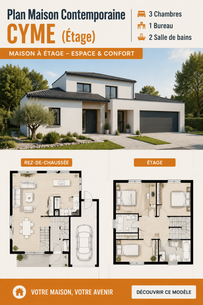 Plan de maison contemporaine CYME avec 3 chambres et un bureau