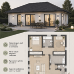 Plan de bungalow moderne avec toit en shed, design épuré et chaleureux.