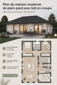 Plan de bungalow moderne avec toit en shed, design épuré et chaleureux.