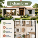 Un plan de maison moderne avec 3 chambres et un espace de vie lumineux