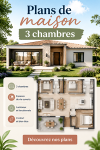 Un plan de maison moderne avec 3 chambres et un espace de vie lumineux