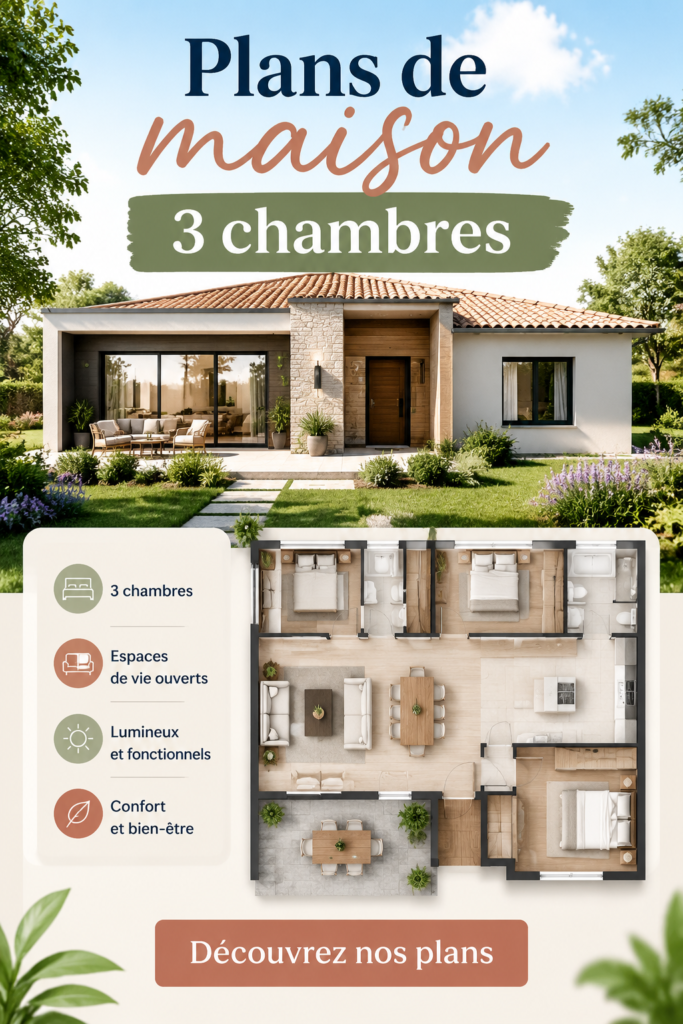 Un plan de maison moderne avec 3 chambres et un espace de vie lumineux