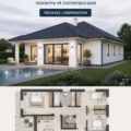 Un bungalow moderne familial avec trois chambres, illustrant l'architecture contemporaine.