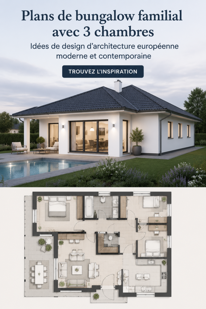 Un bungalow moderne familial avec trois chambres, illustrant l'architecture contemporaine.