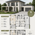 Plan de maison moderne à deux étages avec jardin et garage, architecture contemporaine.