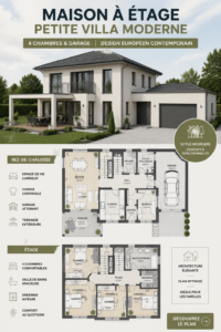 Plan de maison moderne à deux étages avec jardin et garage, architecture contemporaine.