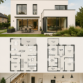 Plan d'une maison moderne à deux étages avec toiture plate et design minimaliste