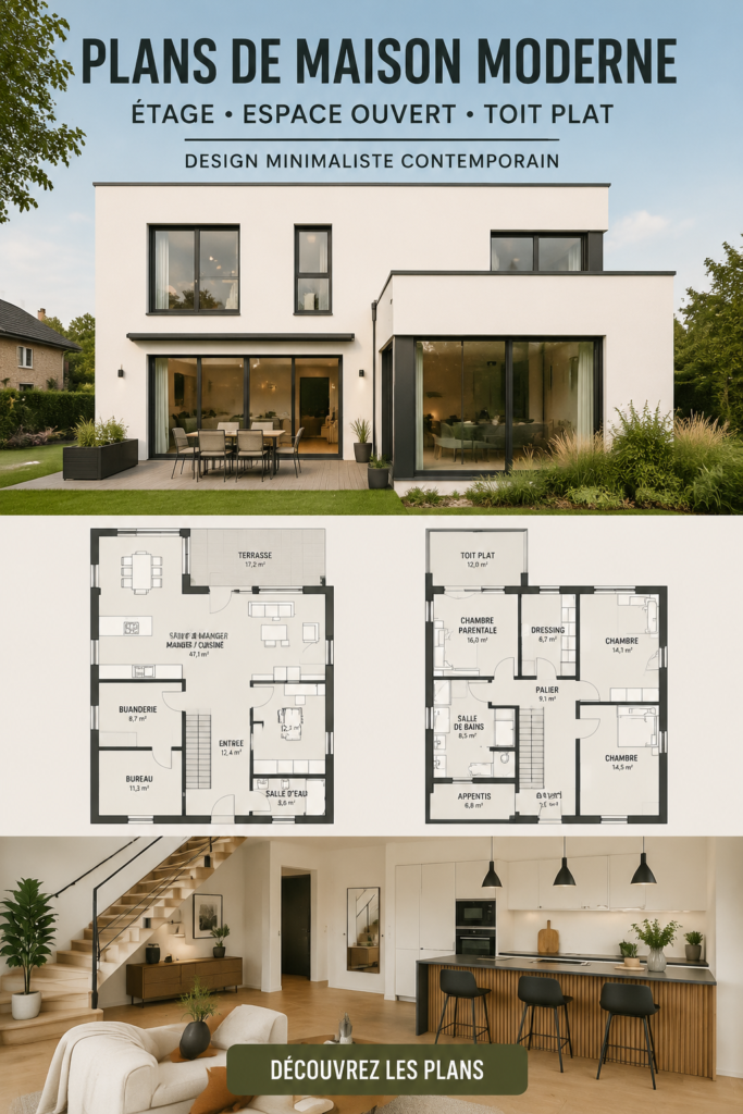 Plan d'une maison moderne à deux étages avec toiture plate et design minimaliste