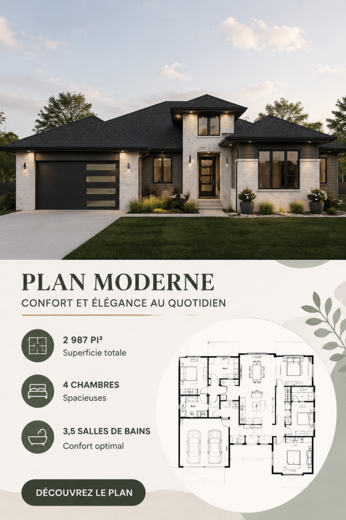 Un plan moderne de maison familiale avec 4 chambres et 3,5 salles de bain.