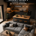 Une cuisine-salon moderne au style loft, avec des matériaux en bois et metal.