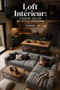 Une cuisine-salon moderne au style loft, avec des matériaux en bois et metal.