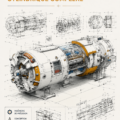 Dessin technique d'une machine cylindrique complexe sur fond neutre