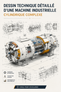 Dessin technique d'une machine cylindrique complexe sur fond neutre