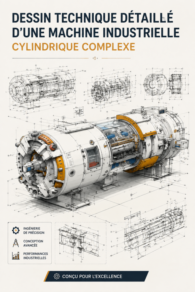 Dessin technique d'une machine cylindrique complexe sur fond neutre