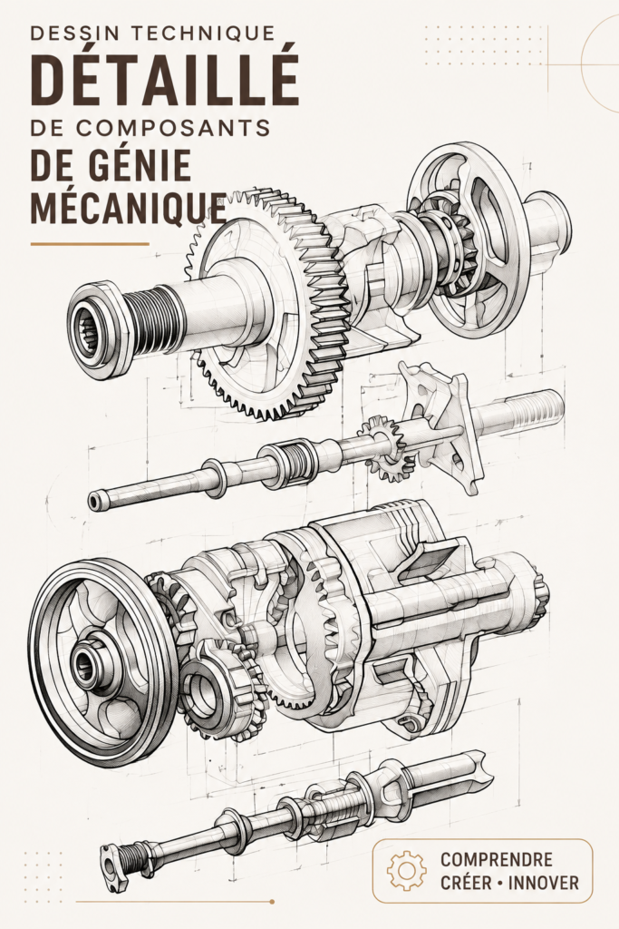 Une esquisse mécanique détaillée illustrant des éléments architecturaux complexes.