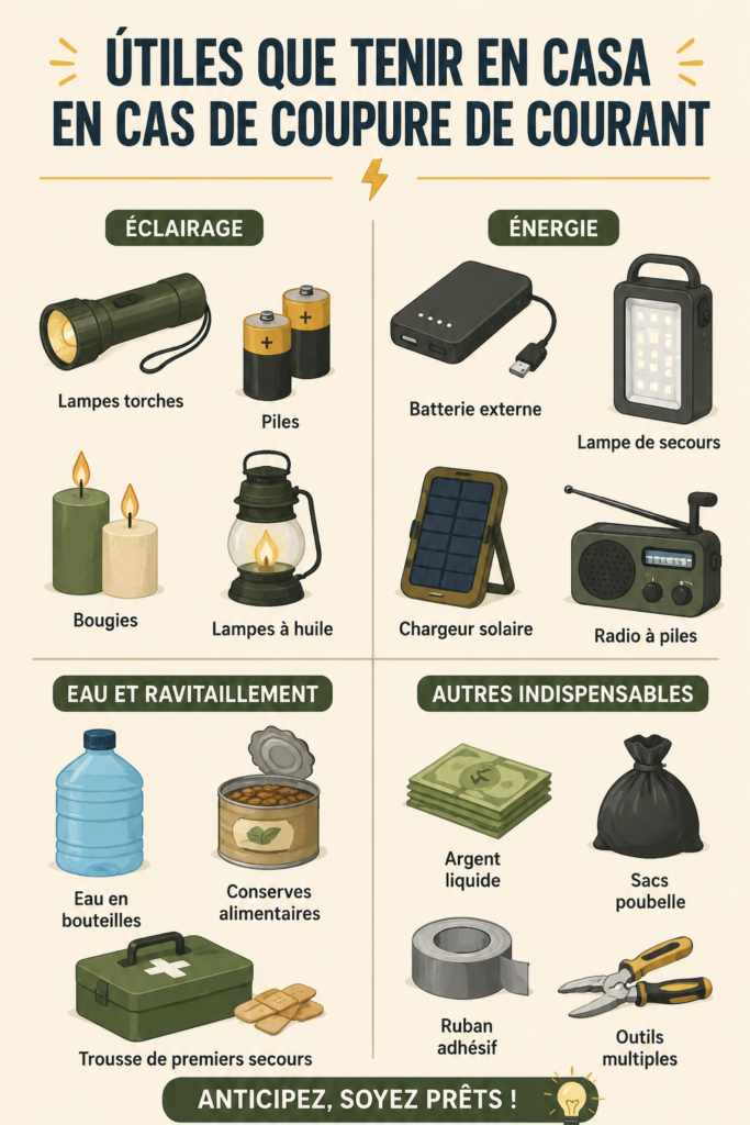 Éléments essentiels pour se préparer à une panne de courant à la maison.