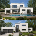 Maison cubique moderne avec des lignes épurées et un design contemporain.