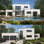 Maison cubique moderne avec des lignes épurées et un design contemporain.