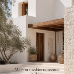 Façade extériorisée d'une maison méditerranéenne moderne à Ibiza avec vue sur la mer