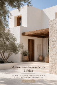 Façade extériorisée d'une maison méditerranéenne moderne à Ibiza avec vue sur la mer