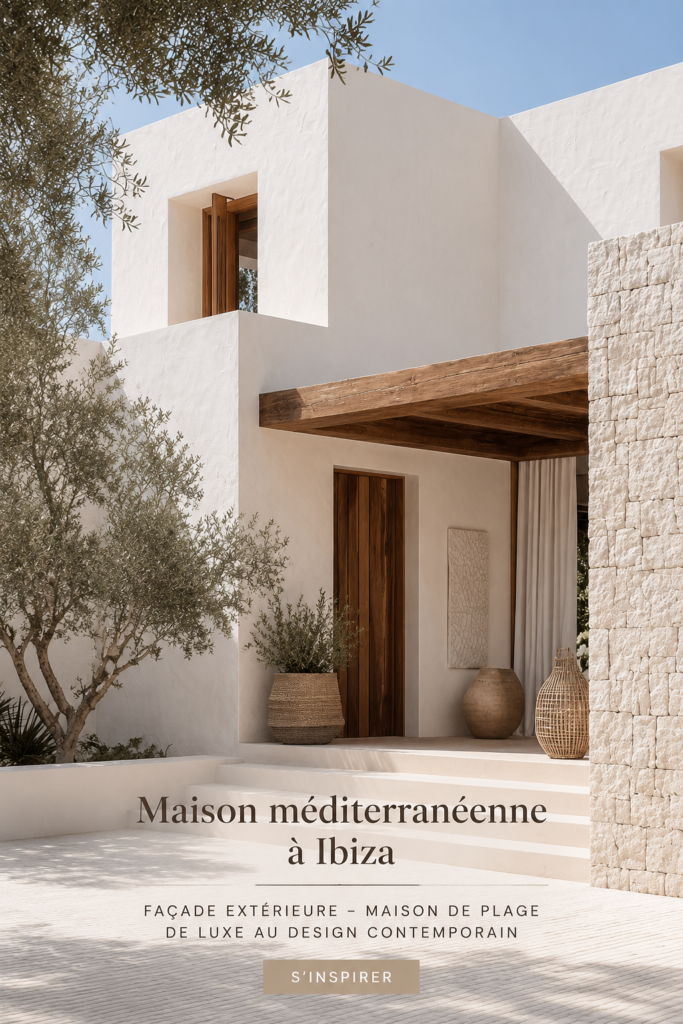 Façade extériorisée d'une maison méditerranéenne moderne à Ibiza avec vue sur la mer