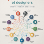 Capture d'écran d'un logiciel d'architecture en cours d'utilisation, montrant des dessins de plans et modèles 3D.