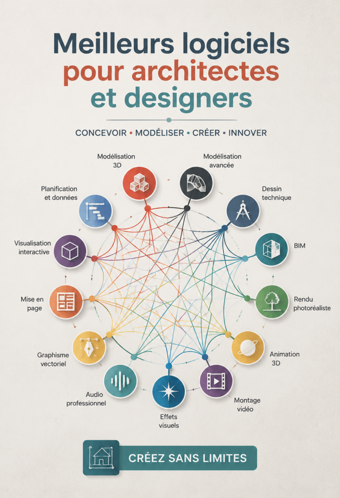 Capture d'écran d'un logiciel d'architecture en cours d'utilisation, montrant des dessins de plans et modèles 3D.