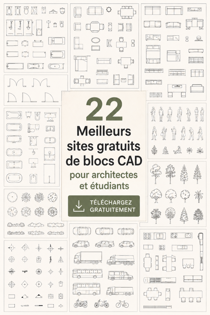 Une sélection de blocs CAD pour l'architecture sur un écran d'ordinateur.
