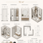 Plan d'appartement chaleureux de 92 m² avec différentes options de décoration