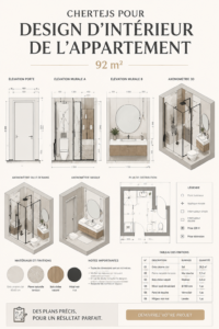 Plan d'appartement chaleureux de 92 m² avec différentes options de décoration