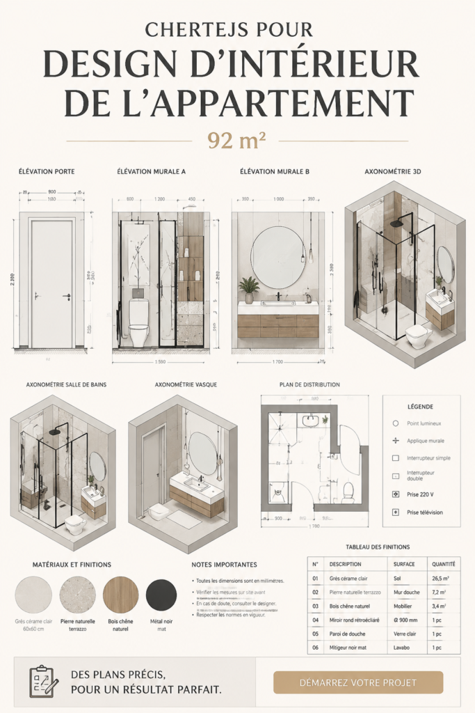 Plan d'appartement chaleureux de 92 m² avec différentes options de décoration