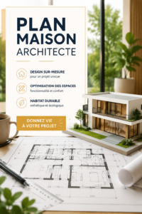 Plan moderne d'une maison d'architecte avec une façade en verre et des lignes épurées.