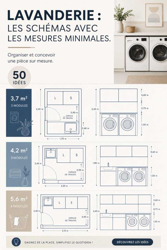Buanderie moderne aménagée avec des rangements optimisés et des couleurs apaisantes.