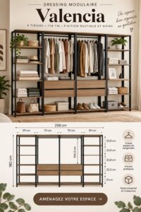 Garde-robe modulable contemporain en bois noir avec plusieurs tiroirs, idéal pour une chambre moderne.