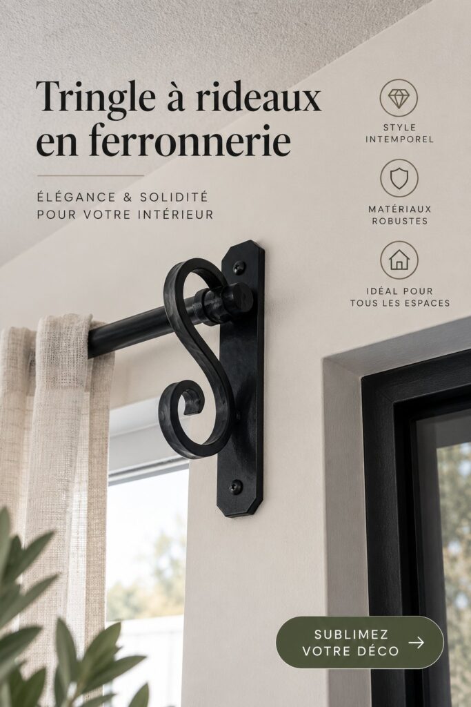 Un cortinero en fer forgé soutenant des rideaux dans un salon chaleureux.