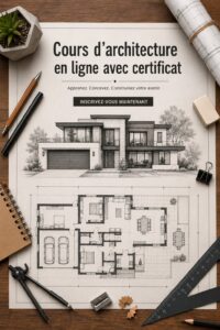 Femme en train d'étudier un cours d'architecture en ligne avec un certificat.