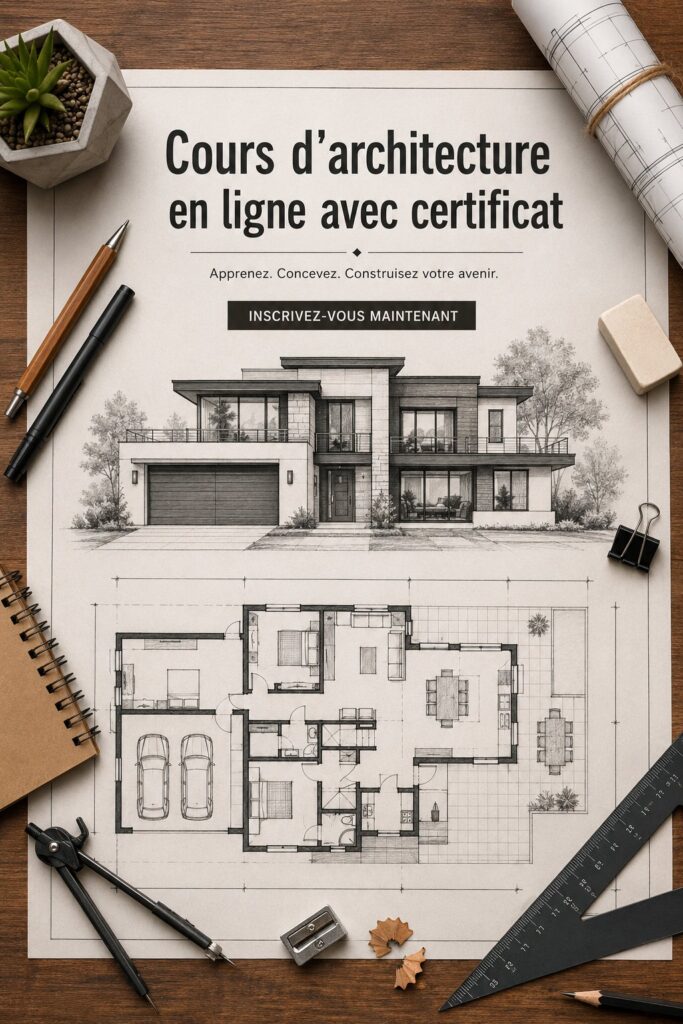 Femme en train d'étudier un cours d'architecture en ligne avec un certificat.