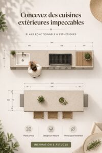 Cuisine d'extérieur élégante et fonctionnelle avec barbecue et espace repas.