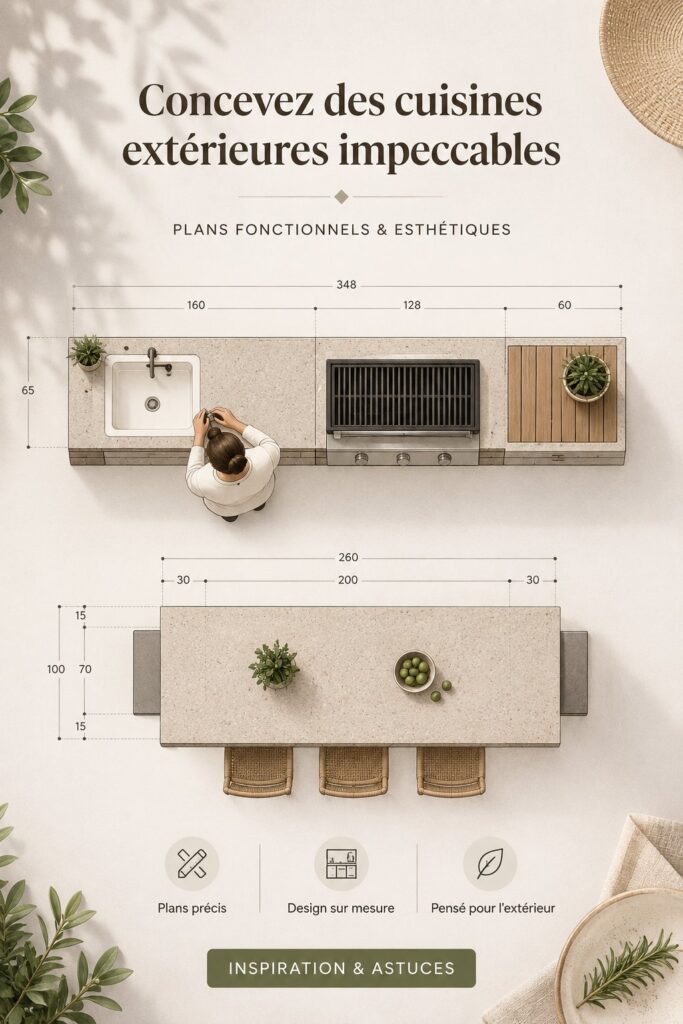 Cuisine d'extérieur élégante et fonctionnelle avec barbecue et espace repas.