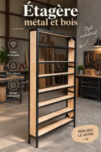 Étagères en métal et bois élégamment disposées dans un espace de vie moderne.