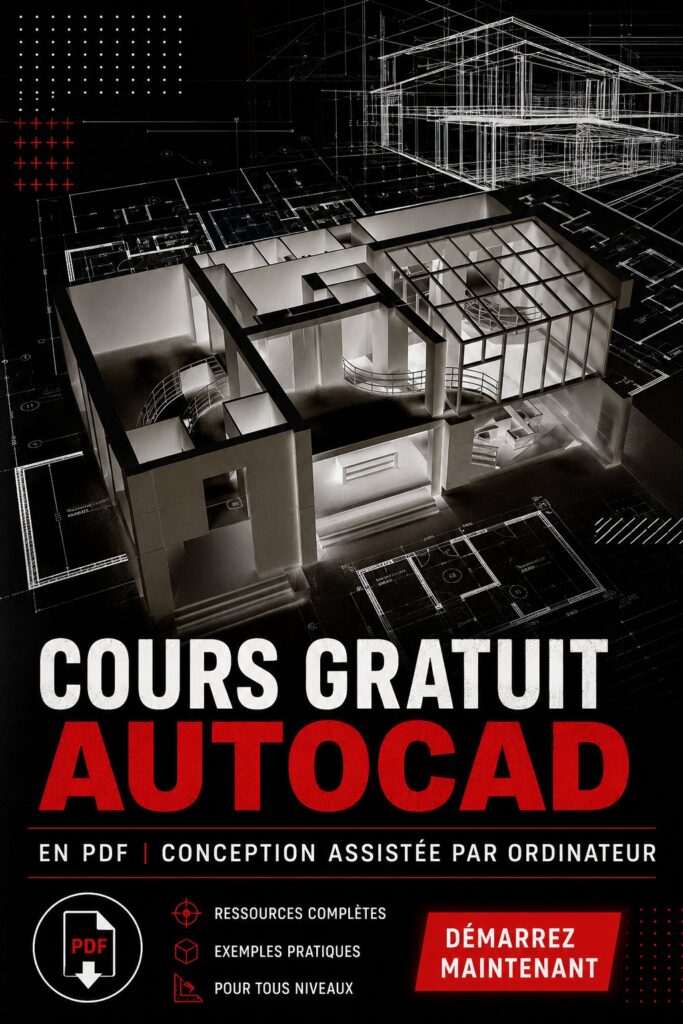 Couverture d'un guide gratuit en PDF pour apprendre AutoCAD et le design assisté par ordinateur.