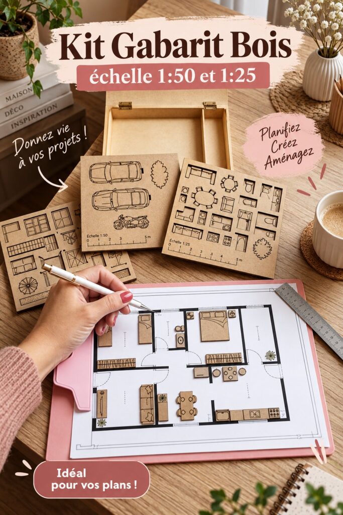 Un kit gabarit en bois pour la création de maquettes architecturales avec des échelles précises.