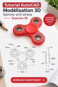Modèle 3D d'un fidget spinner créé avec AutoCAD, montrant des détails et des couleurs variées.
