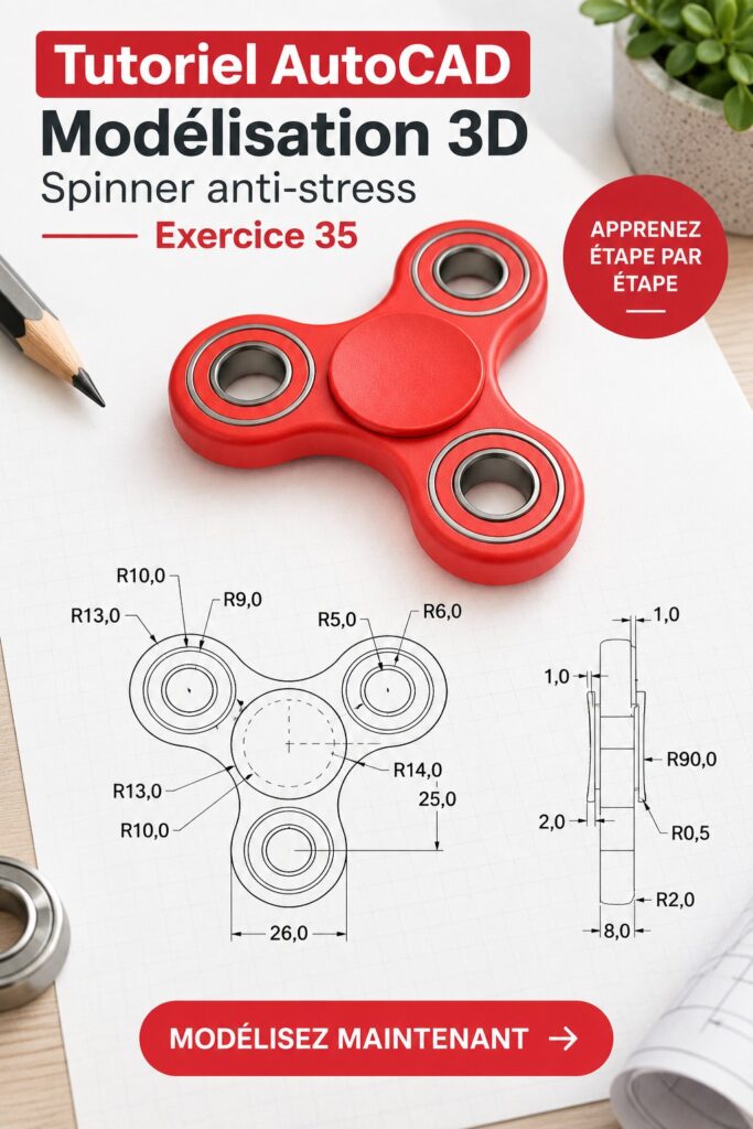 Modèle 3D d'un fidget spinner créé avec AutoCAD, montrant des détails et des couleurs variées.