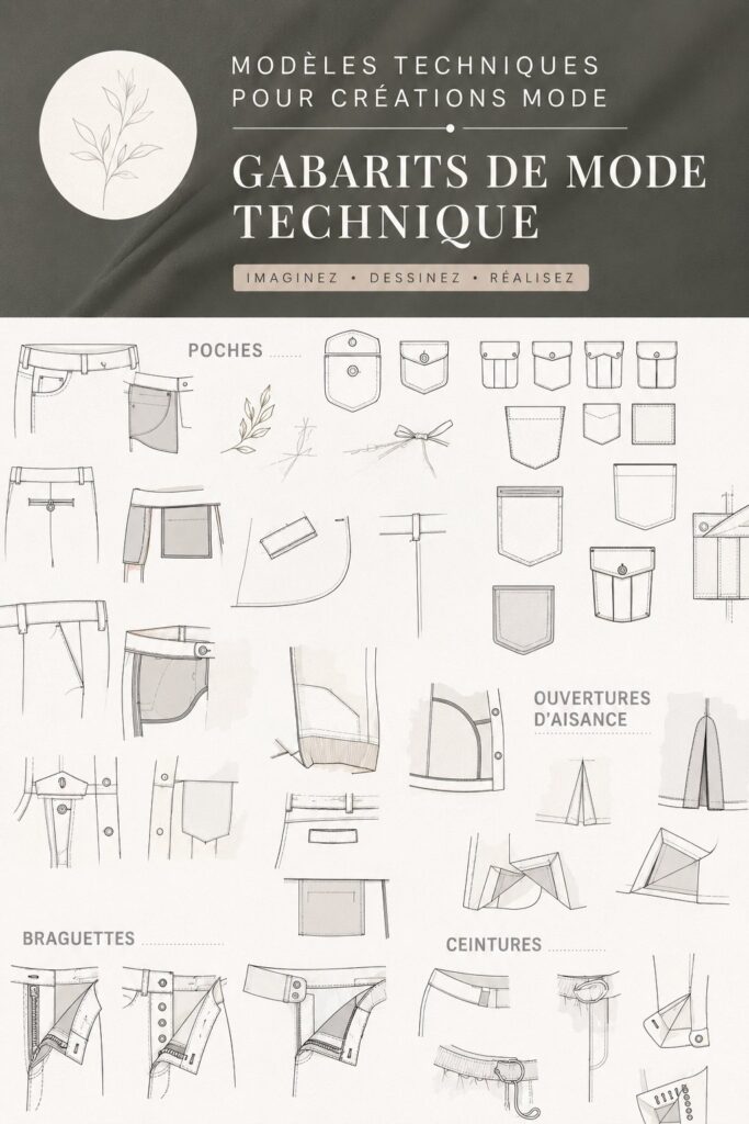 Un ensemble de modèles techniques de mode étalés sur une table, illustrant la créativité et le design.